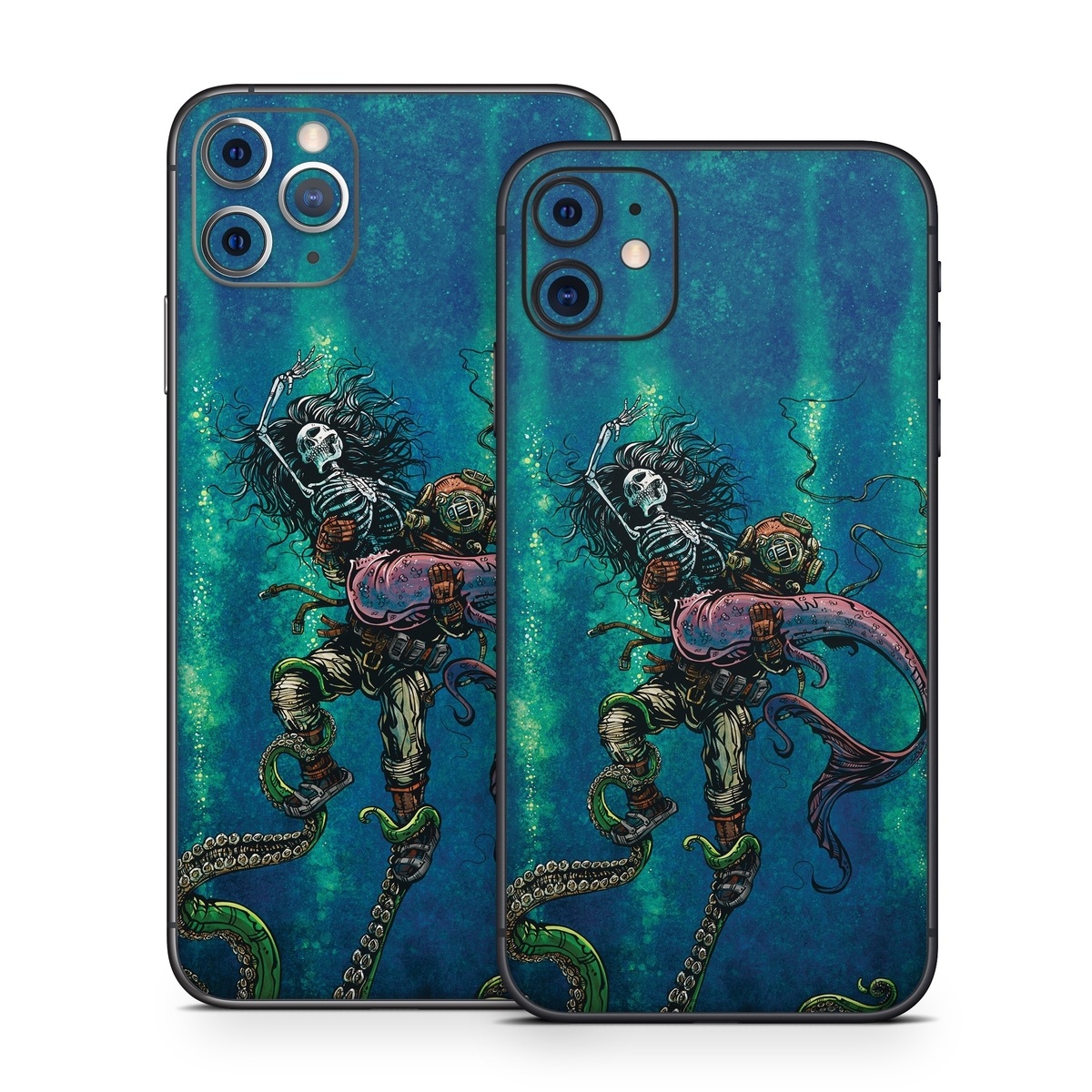 iPhone 11 Series Skin design of Water, Fluid, Underwater, Marine invertebrates, Marine biology, Electric blue, Liquid, Recreation, Underwater diving, Art, with blue, green, orange, purple, pink, black, white, gray colors
