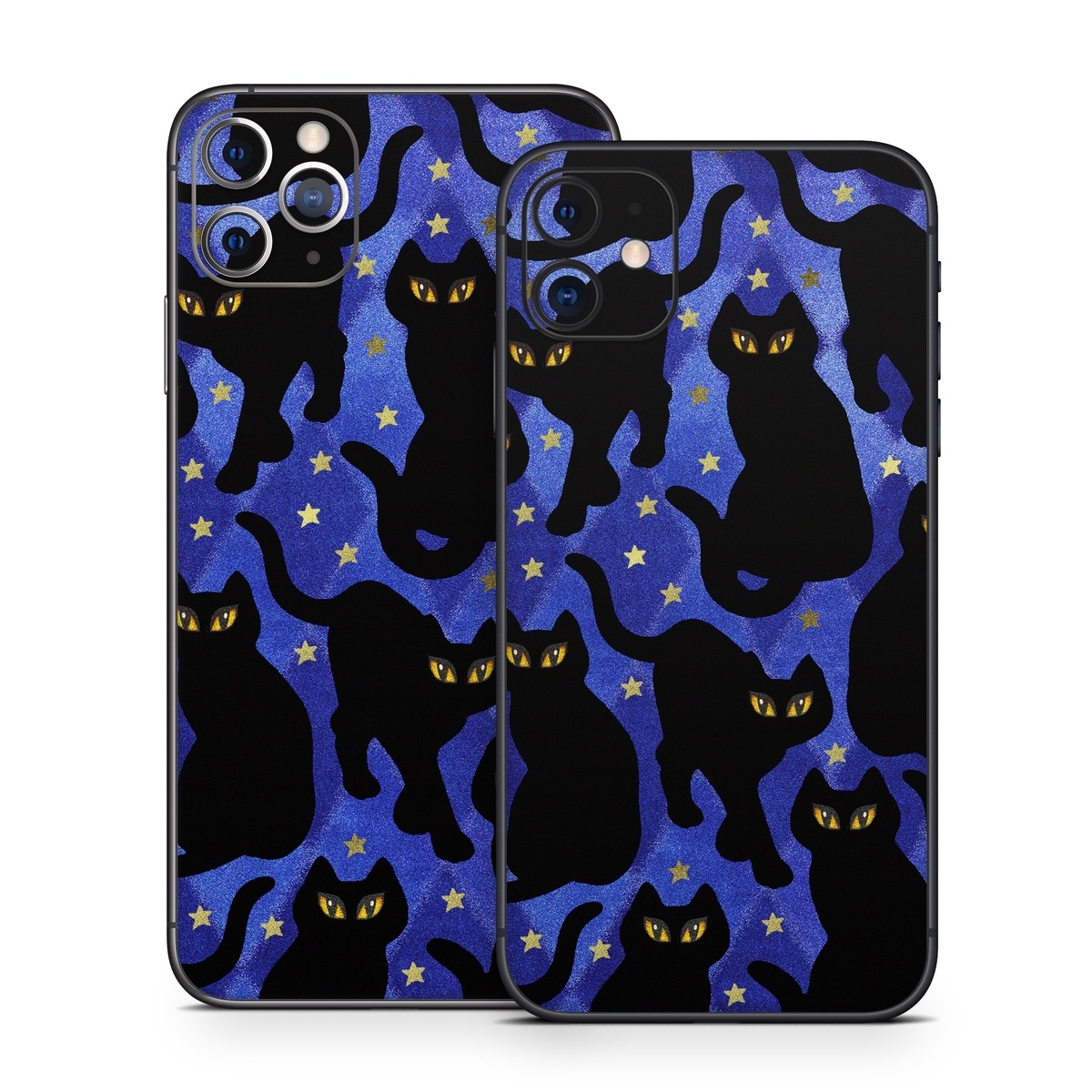 iPhone 11 Series Skin design of Black cat, Black, Cat, Small to medium-sized cats, Pattern, Felidae, Design, Electric blue, Illustration, Art, with black, blue, purple, yellow colors