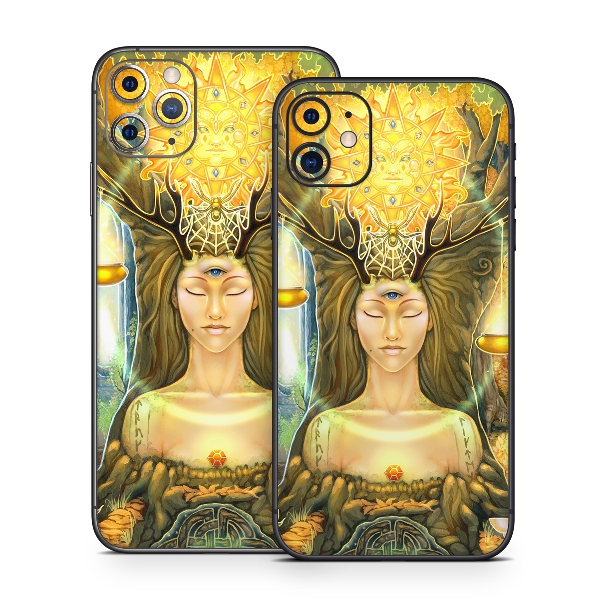 iPhone 11 Series Skin design of Painting, Art, Illustration, Plant, Fictional character, Mythology, Cg artwork, Visual arts, Glass, Drawing, with yellow, green, brown, pink, orange, black colors