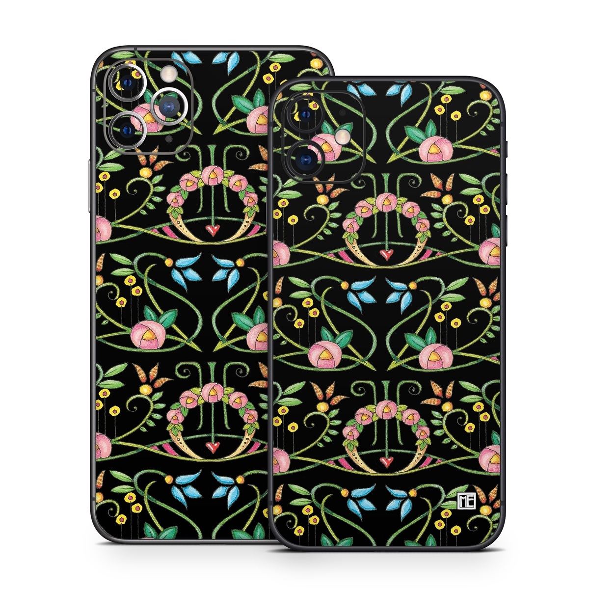 iPhone 11 Series Skin design of Flower, Rectangle, Textile, Ornament, Plant, Line, Motif, Creative arts, Art, Pattern, with black, pink, blue, green, yellow colors