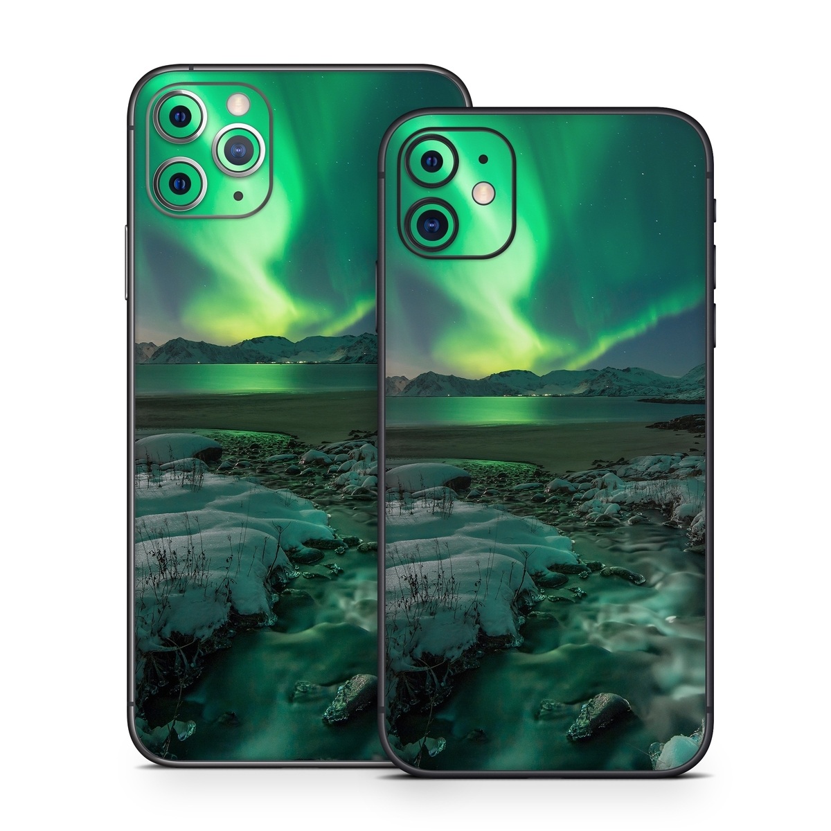 iPhone 11 Series Skin design of Nature, Aurora, Sky, Geological phenomenon, Water, Atmosphere, Space, Landscape, World, Glacier, with white, green, blue, black, gray colors