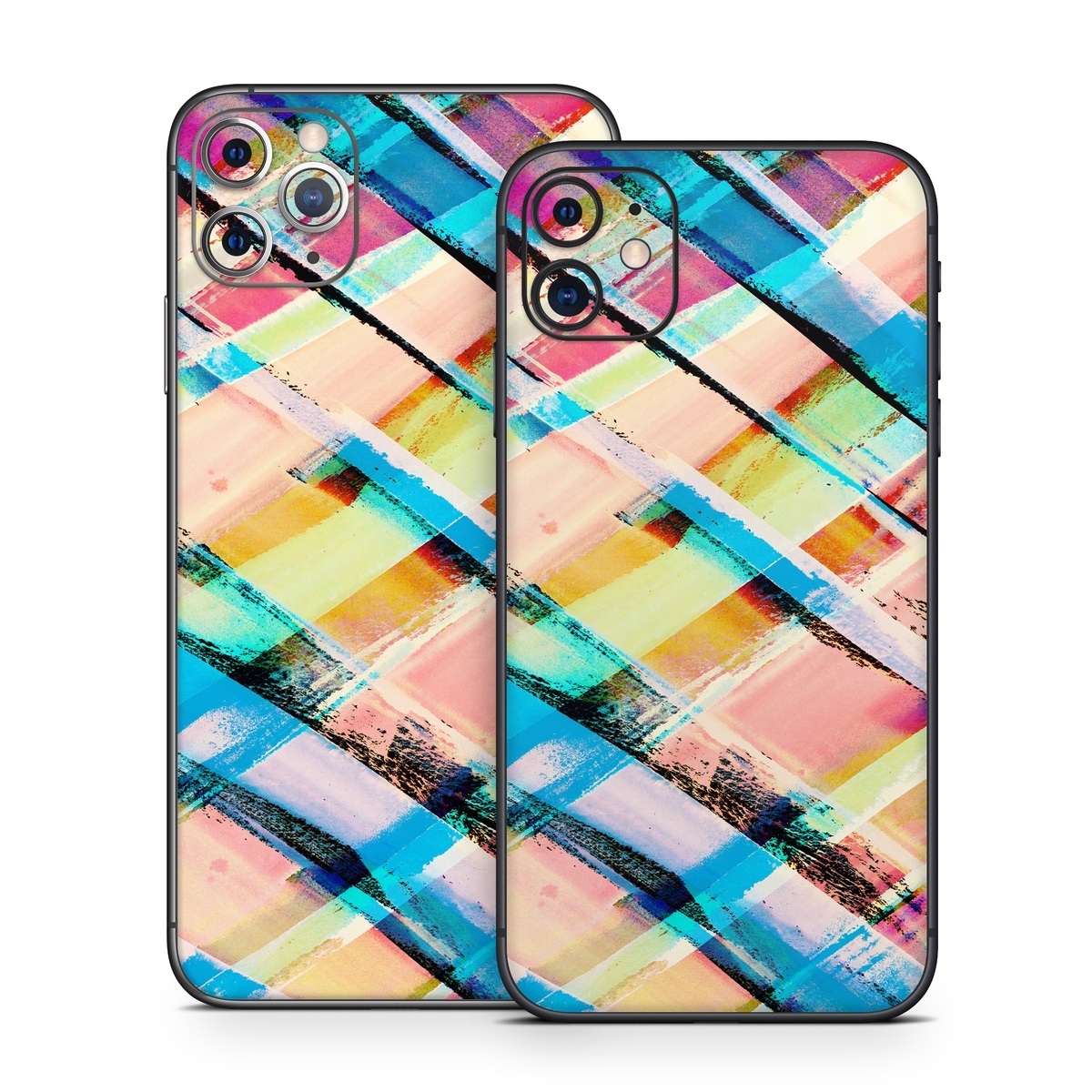 iPhone 11 Series Skin design of Line, Pattern, Turquoise, Plaid, Orange, Colorfulness, Design, Textile, Tints and shades, with blue, pink, red, purple, yellow, orange colors