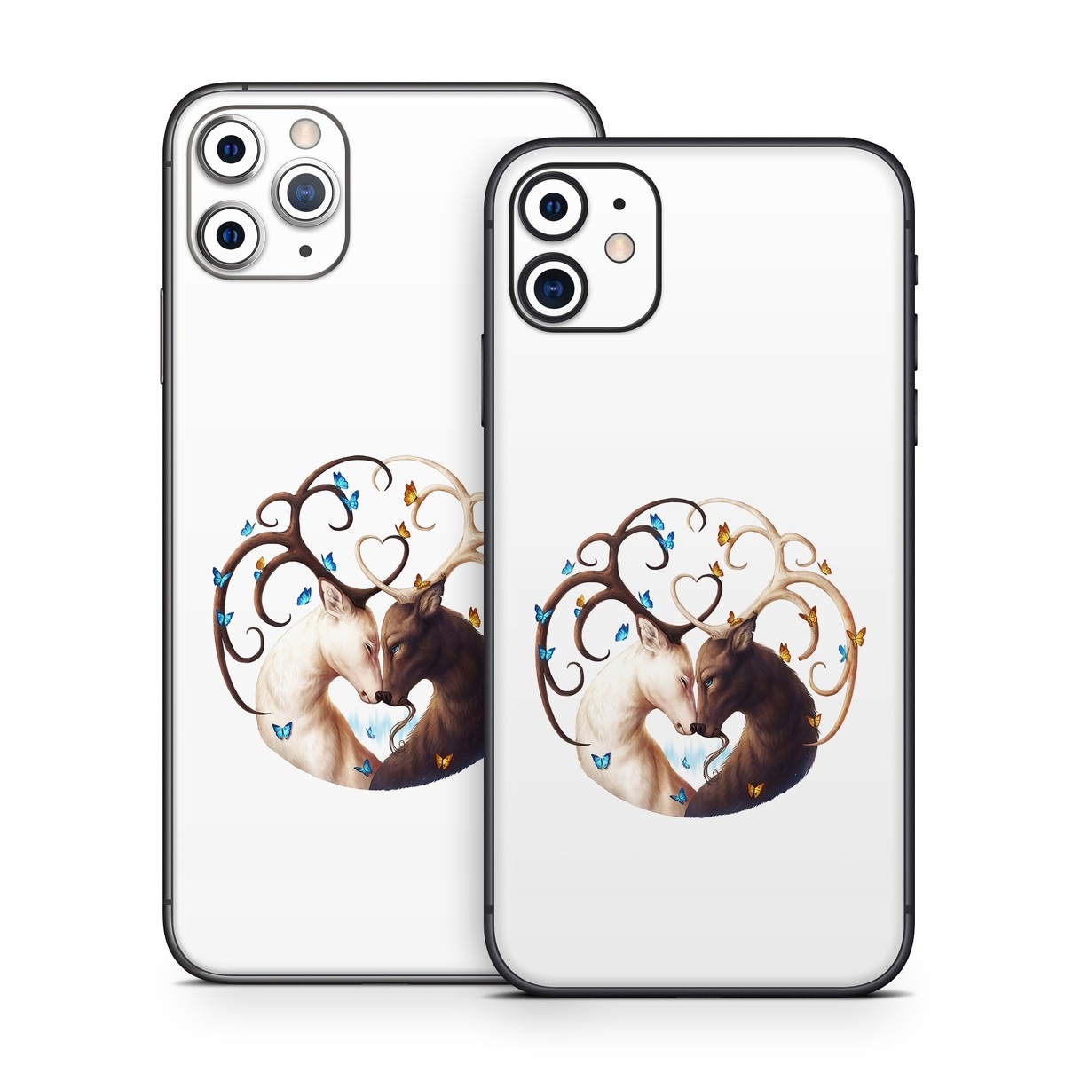 iPhone 11 Series Skin design of Gesture, Fawn, Serveware, Horn, Font, Art, Mythical creature, Dishware, Tail, Drinkware, with white, brown, blue, yellow, orange colors