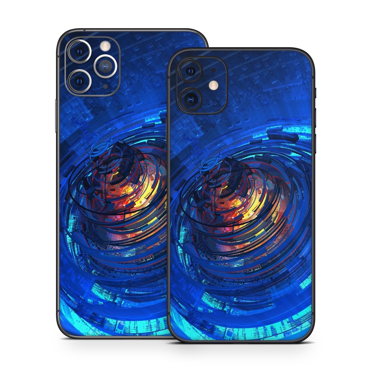 iPhone 11 Series Skin design of Blue, Water, Circle, Vortex, Electric blue, Wave, Liquid, Graphics, Pattern, Colorfulness, with blue, orange, yellow colors
