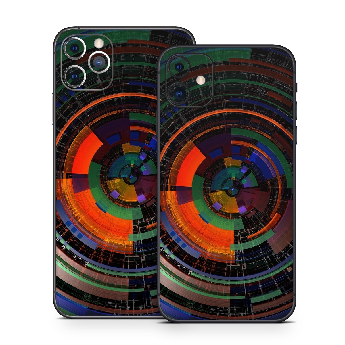 iPhone 11 Series Skin design of Colorfulness, Pattern, Circle, Design, Architecture, Symmetry, Art, Spiral, Psychedelic art, with black, red, blue, green, orange, brown colors