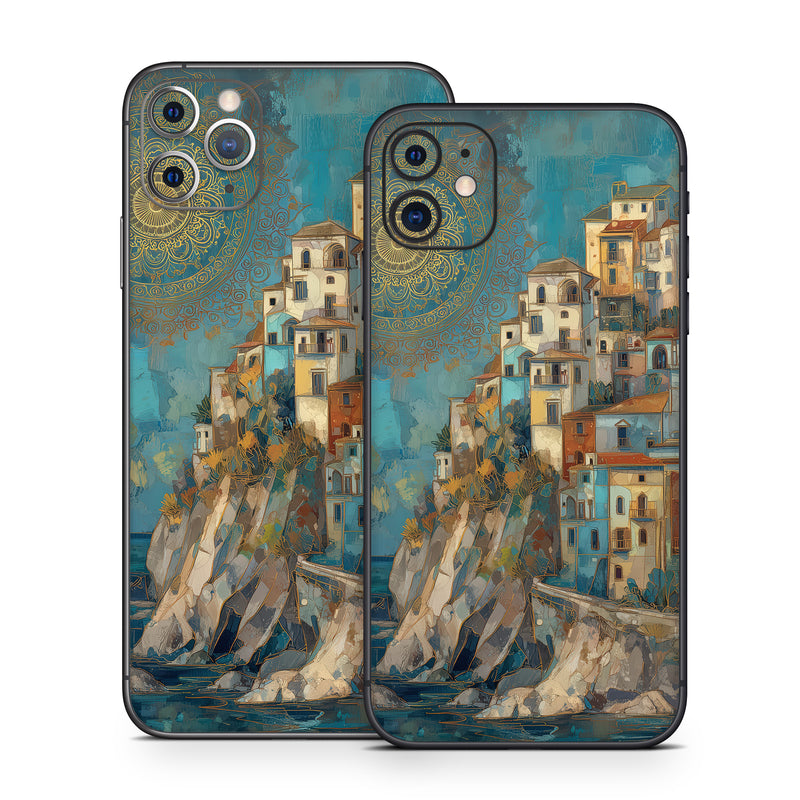 iPhone 11 Series Skin design of Blue, Visual arts, Paint, Painting, Art Paint, Watercolor painting, Village, Modern art, Mural, Acrylic paint, with blue, yellow, white, gray, red, blue, pink, green colors