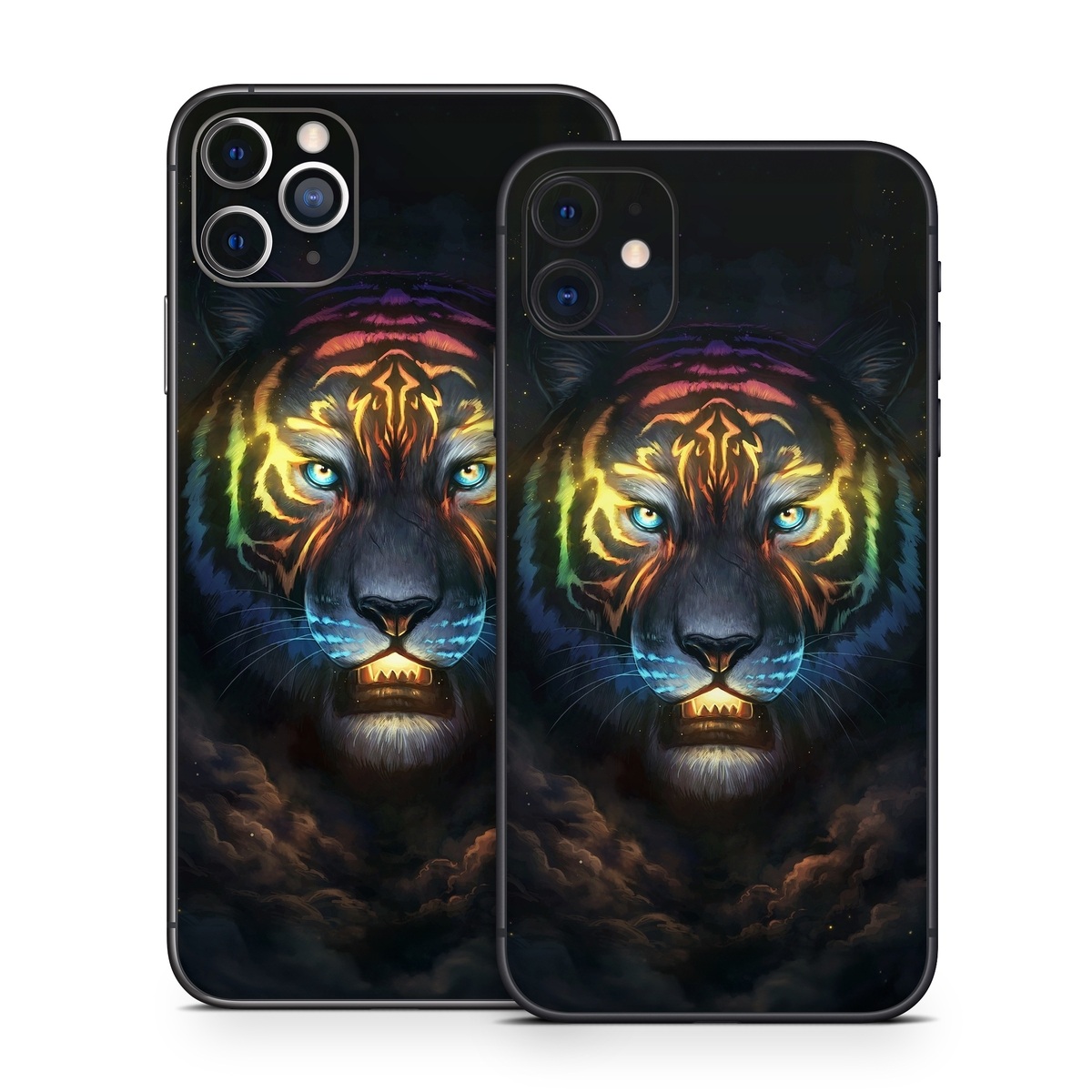 iPhone 11 Series Skin design of Felidae, Vertebrate, Carnivore, Organism, Painting, Roar, Bengal tiger, Big cats, Art, Whiskers, with black, yellow, orange, red, green, purple, blue colors
