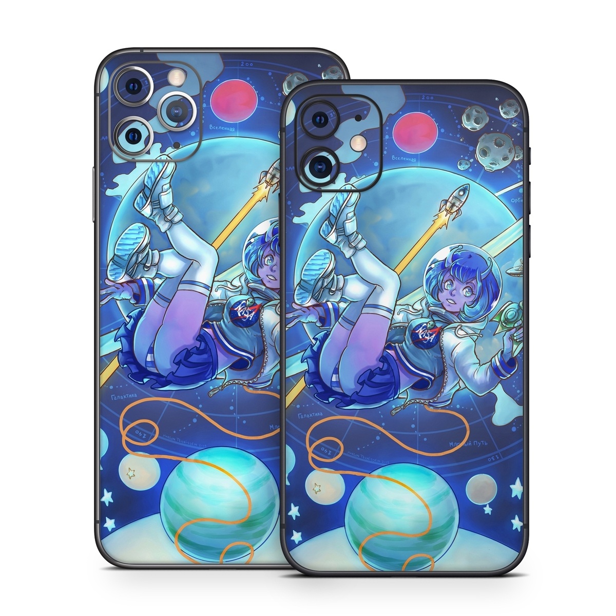 iPhone 11 Series Skin design of Cartoon, Illustration, Graphic design, Games, Space, Design, Anime, Art, Graphics, Fictional character, with blue, white, yellow, purple, green, red, orange, black colors