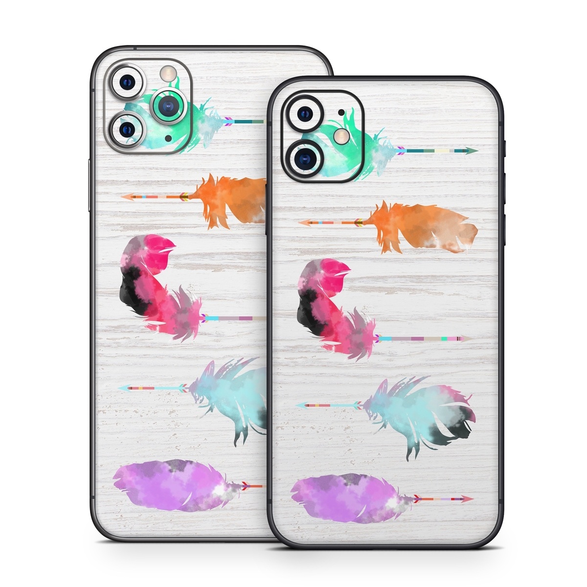 iPhone 11 Series Skin design of Pink, Watercolor paint, Illustration, Feather, Design, Art, Painting, Graphic design, Visual arts, Drawing, with white, orange, red, blue, pink, purple, green colors