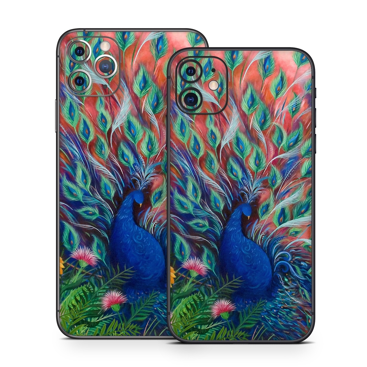 iPhone 11 Series Skin design of Painting, Acrylic paint, Bird, Child art, Art, Galliformes, Peafowl, Visual arts, Watercolor paint, Plant, with black, red, gray, blue, green colors