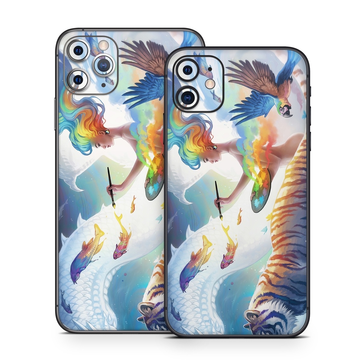 iPhone 11 Series Skin design of Siberian tiger, Bengal tiger, Vertebrate, Tiger, Felidae, Mammal, Water, Carnivore, Art, Painting, with blue, red, yellow, orange, green, purple, black, white colors