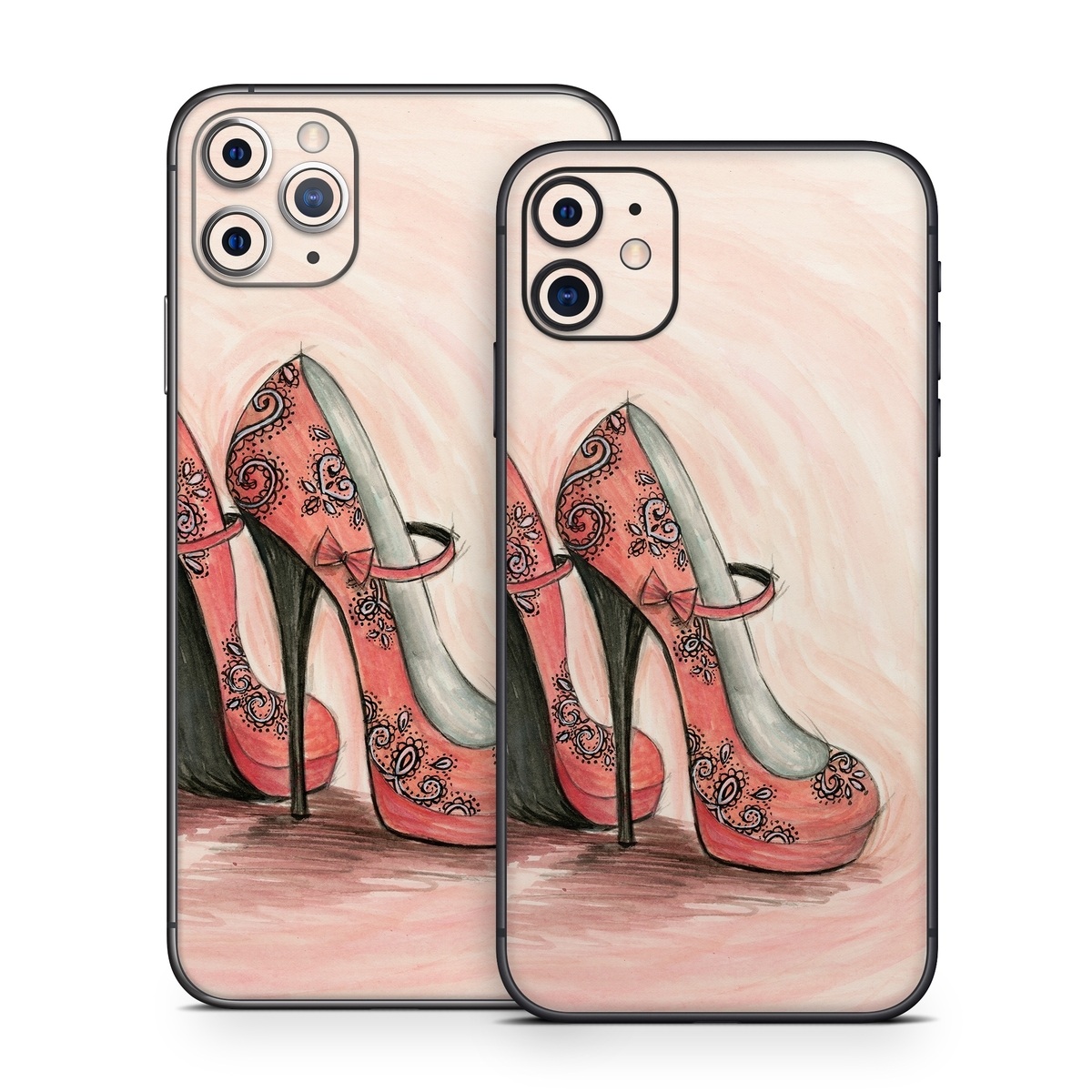 iPhone 11 Series Skin design of Footwear, High heels, Shoe, Pink, Court shoe, Illustration, Leg, Basic pump, Peach, Painting, with pink, gray, red, white, black, green colors