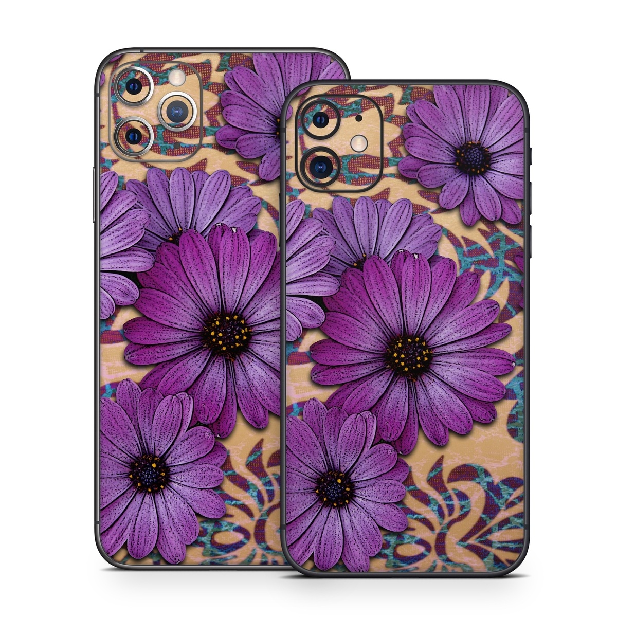 iPhone 11 Series Skin design of Purple, Flower, Violet, Petal, Plant, african daisy, Floral design, Wildflower, Pattern, Textile, with purple, black, gray, blue, green, red colors