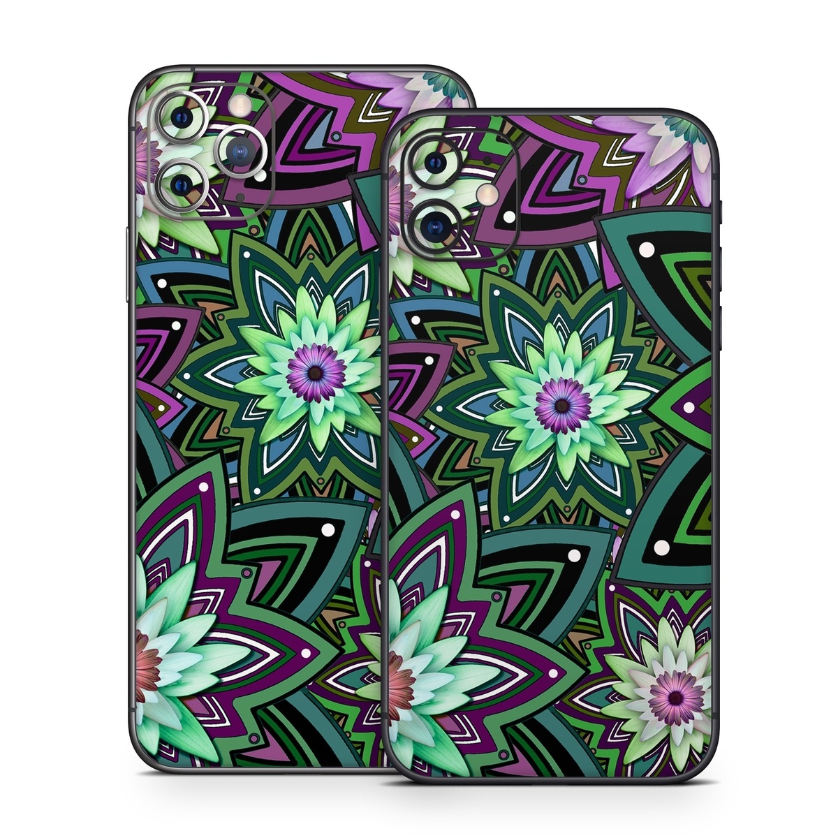 iPhone 11 Series Skin design of Pattern, Purple, Green, Flower, Psychedelic art, Design, Lilac, Plant, Symmetry, Visual arts, with black, gray, green, purple, blue, red colors