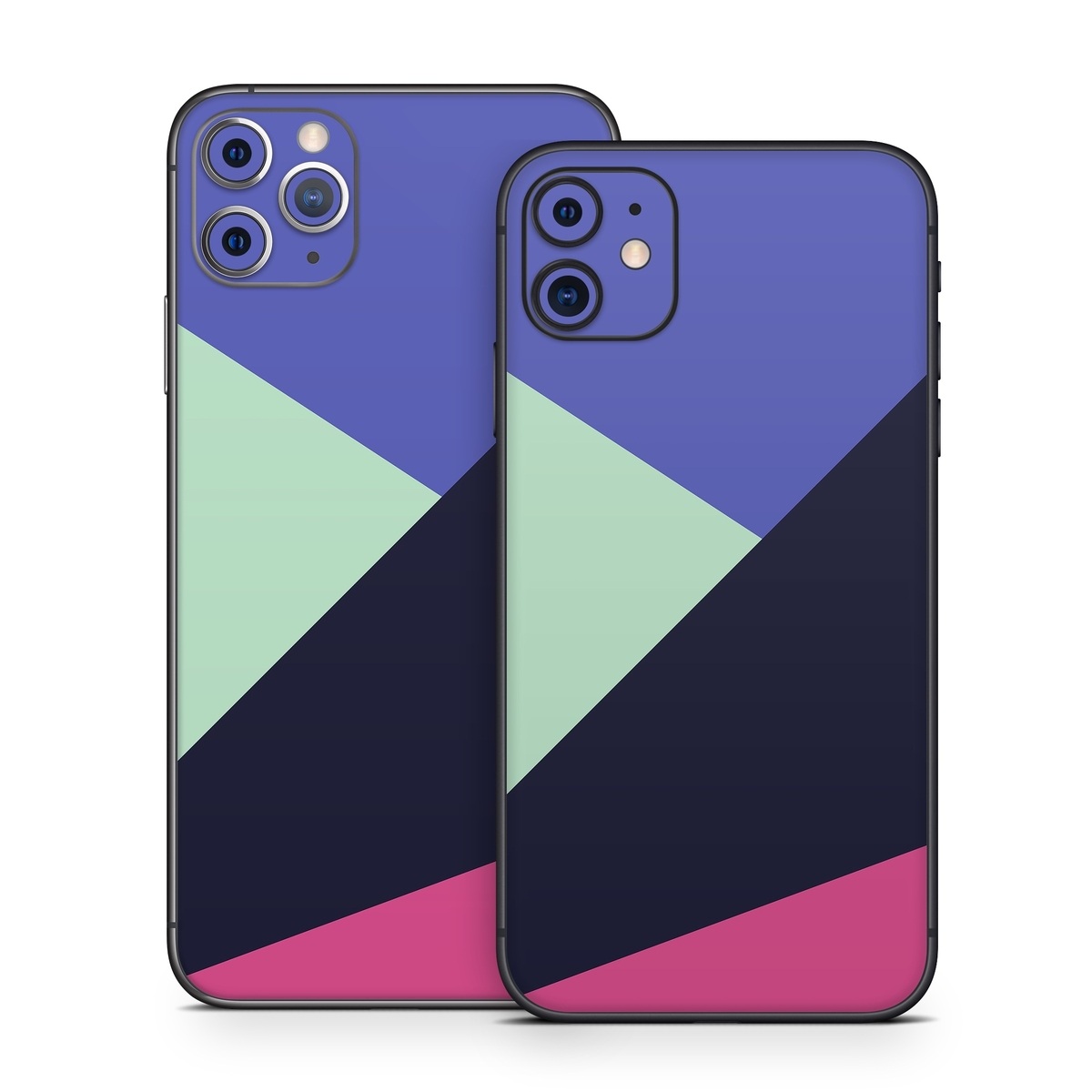 iPhone 11 Series Skin design of Purple, Violet, Line, Magenta, Graphic design, Triangle, Pattern, Design, Material property, Font, with black, blue, green, pink colors