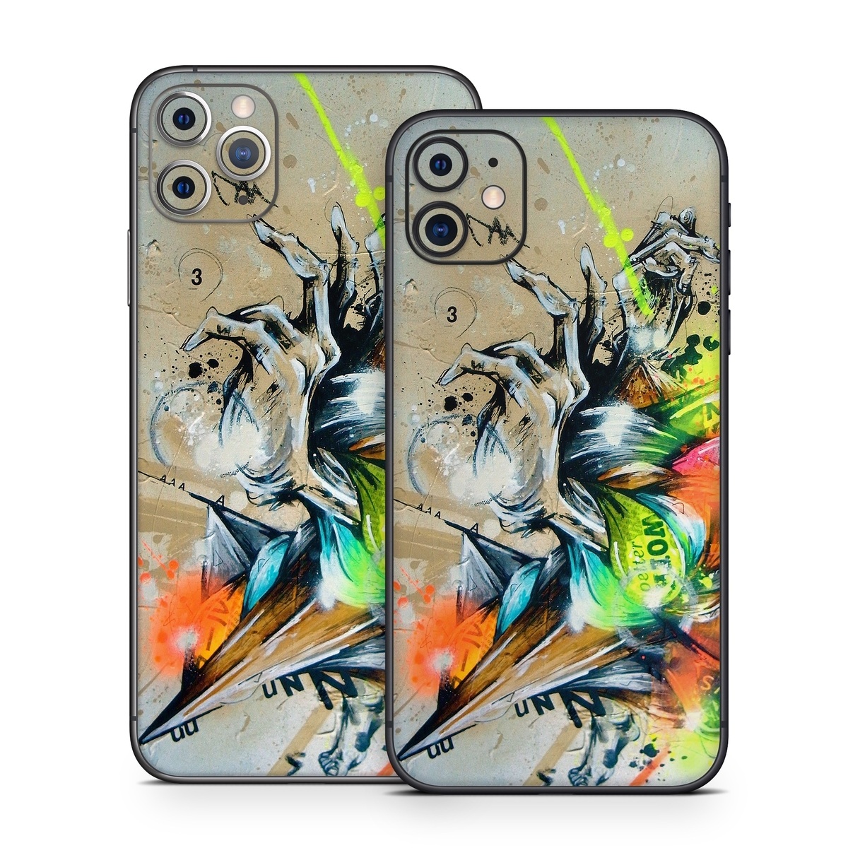 iPhone 11 Series Skin design of Graphic design, Art, Illustration, Fictional character, Visual arts, Graphics, Painting, Watercolor paint, Modern art, Games, with gray, black, green, red, orange, pink colors