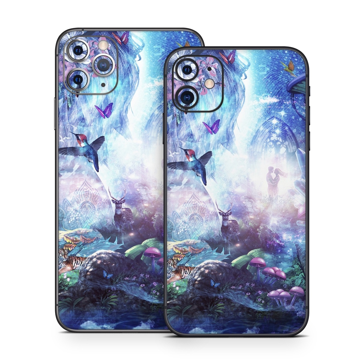iPhone 11 Series Skin design of Man, Woman, Fictional Character, Mythology, Bird, Wing, Mythical Creature, Deer, Tiger, Mushrooms, Butterfly, with white, blue, green, red, yellow, black, purple, gray colors