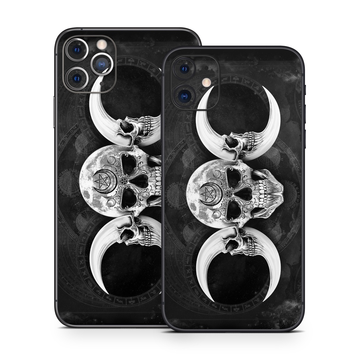 iPhone 11 Series Skin design of Bone, Skull, Darkness, Monochrome, Black-and-white, Circle, Symmetry, Visual Arts, Illustration, Skeleton, Drawing, with black, white, gray colors