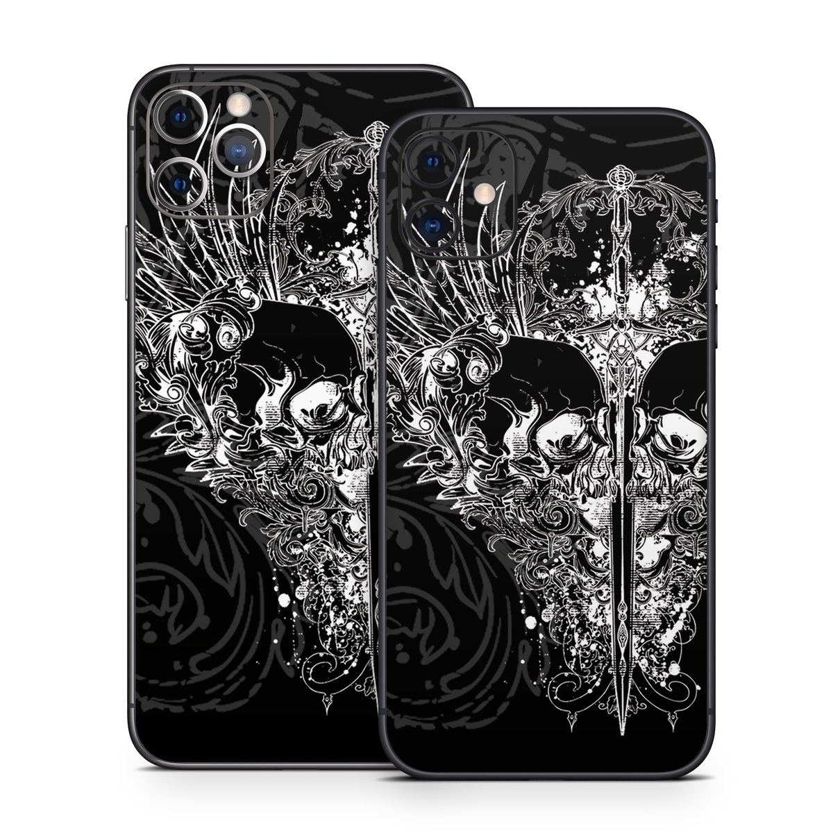 iPhone 11 Series Skin design of Illustration, Art, Design, Monochrome, Graphic design, Pattern, Fictional character, Skull, Black-and-white, Graphics, with black, gray colors