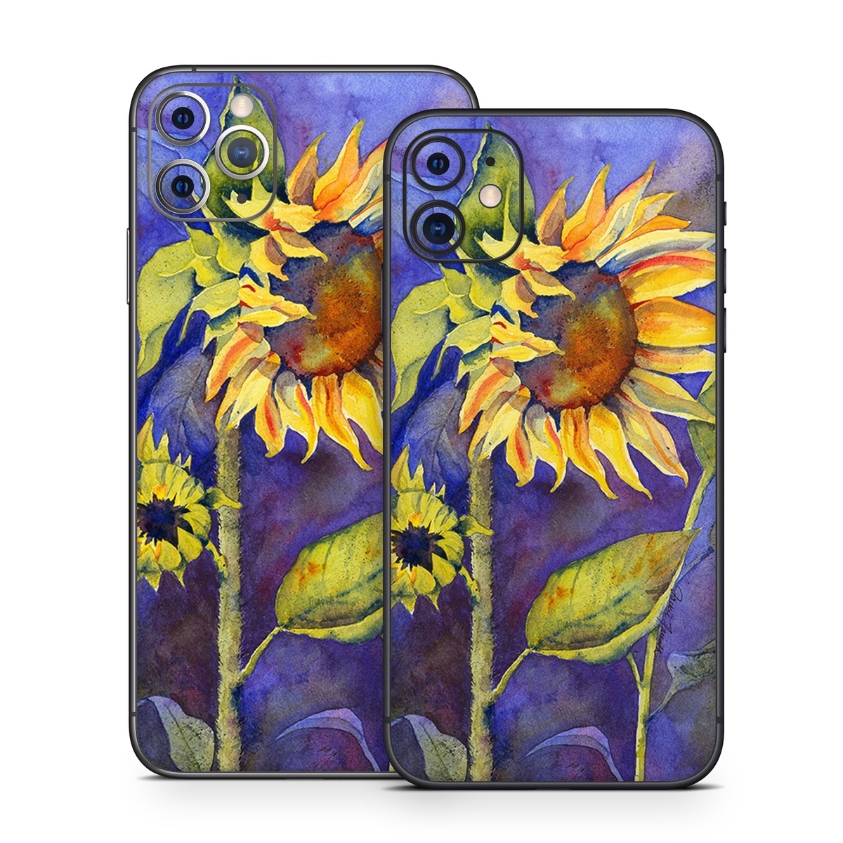 iPhone 11 Series Skin design of Flower, Sunflower, Painting, sunflower, Watercolor paint, Plant, Flowering plant, Yellow, Acrylic paint, Still life, with green, black, blue, gray, red, orange colors