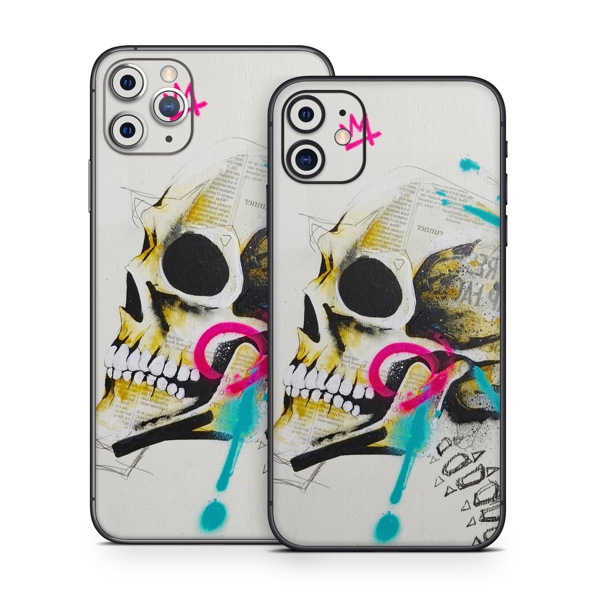iPhone 11 Series Skin design of Graphic design, Skull, Illustration, Art, Bone, Drawing, Visual arts, Font, Modern art, Street art, with blue, pink, yellow, black colors