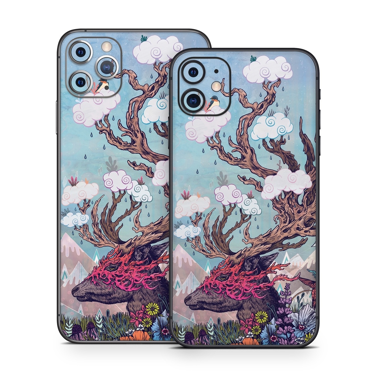 iPhone 11 Series Skin design of Illustration, Tree, Watercolor paint, Painting, Art, Plant, Acrylic paint, Fictional character, Flower, Blossom, with gray, black, red, purple, blue colors