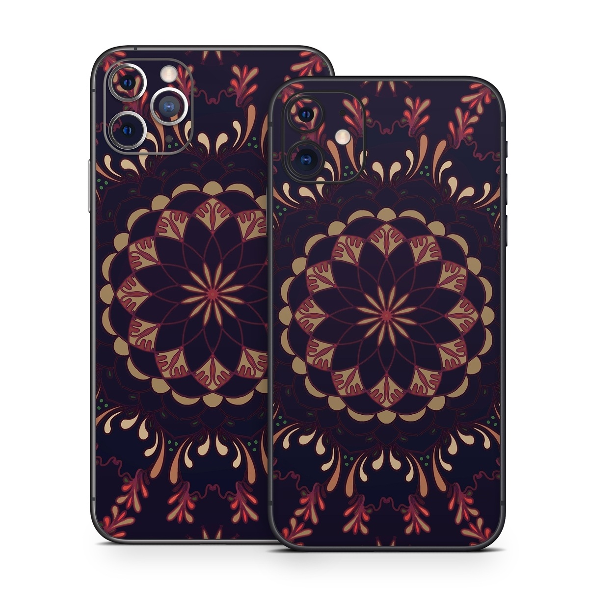 iPhone 11 Series Skin design of Pattern, Brown, Red, Symmetry, Textile, Design, Visual arts, Tapestry, Kaleidoscope, with black, red, orange, yellow, brown colors