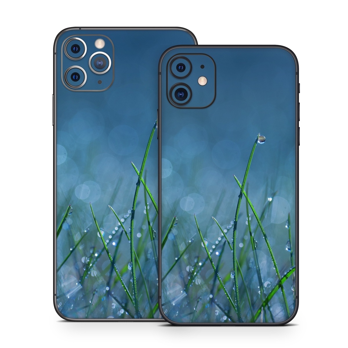 iPhone 11 Skin design of Moisture, Dew, Water, Green, Grass, Plant, Drop, Grass family, Macro photography, Close-up with blue, black, green, gray colors