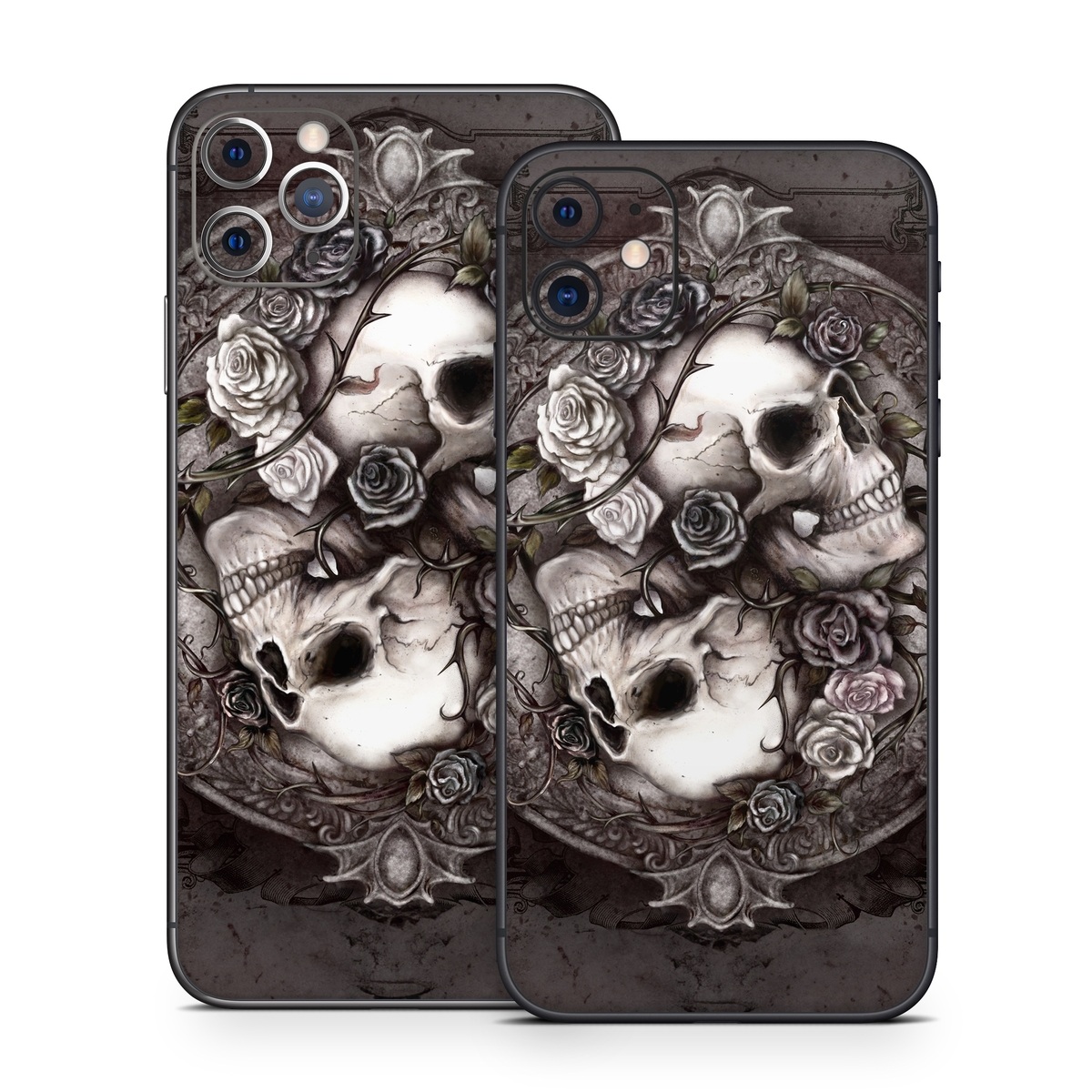 iPhone 11 Series Skin design of Skull, Bone, Illustration, Font, Still life photography, Photography, Still life, Art, Monochrome, Circle, with black, white, brown, pink colors