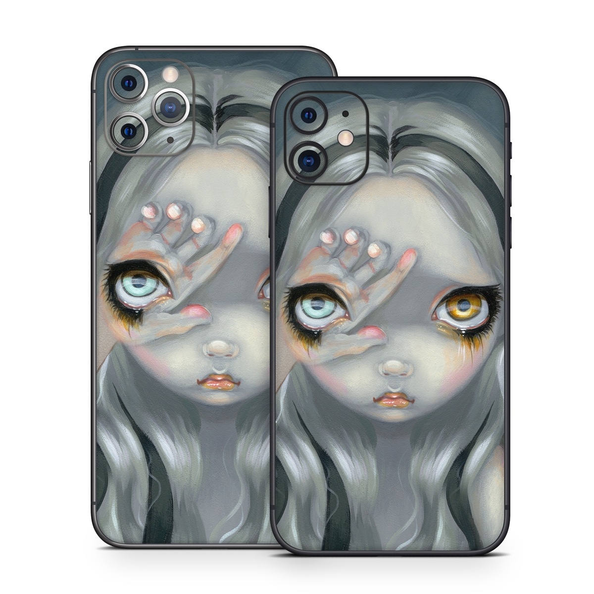iPhone 11 Series Skin design of Face, Head, Cg artwork, Eye, Illustration, Organ, Fictional character, Art, Iris, Darkness, with black, gray, blue, green colors