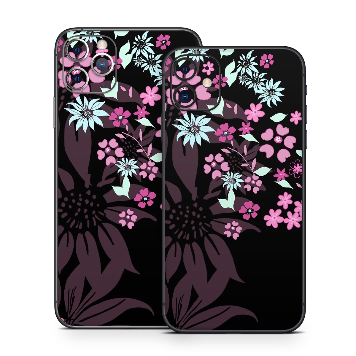 iPhone 11 Series Skin design of Pink, Pattern, Flower, Plant, Botany, Petal, Floral design, Design, Pedicel, Graphic design, with black, gray, purple, green, red, pink colors
