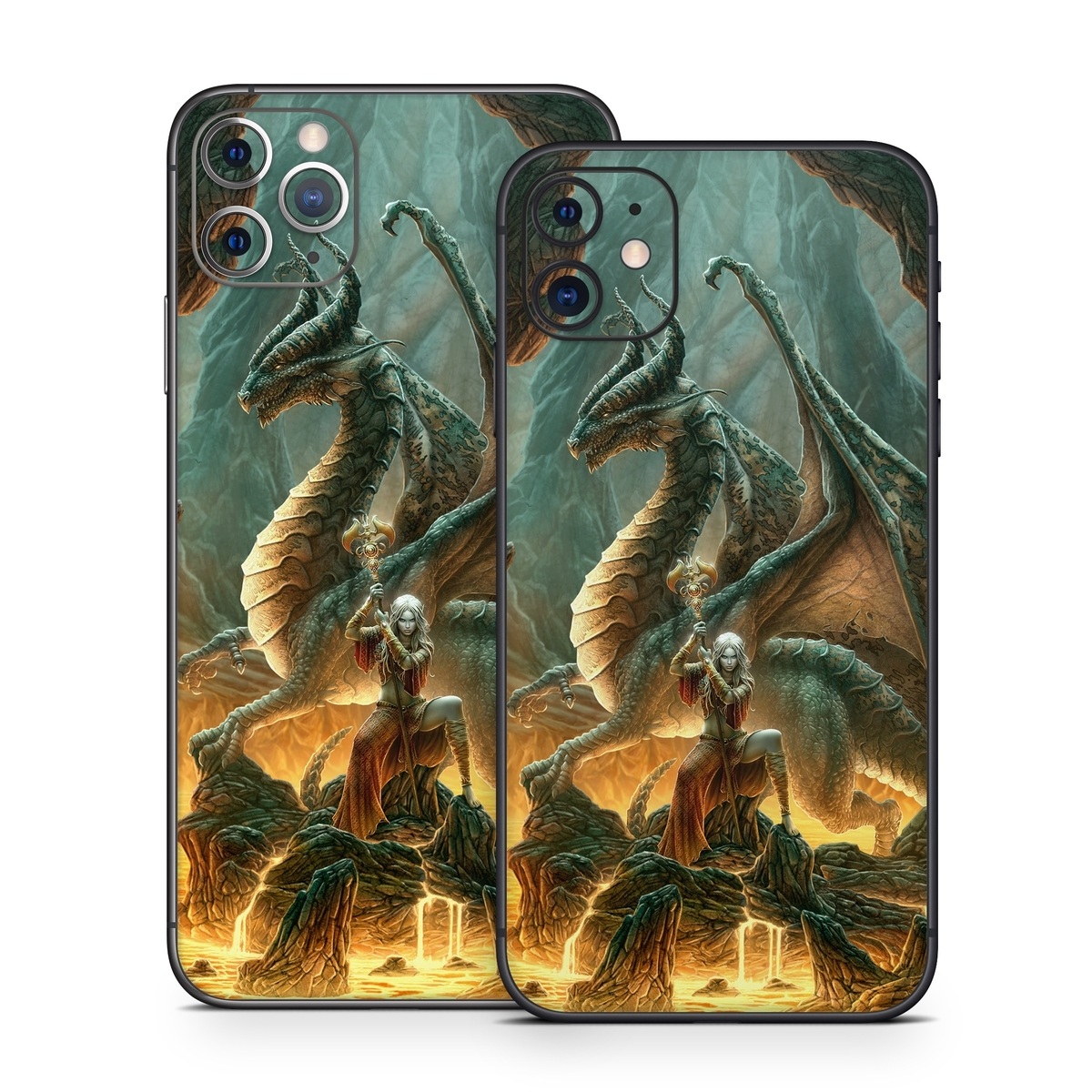 iPhone 11 Series Skin design of Dragon, Cg artwork, Mythology, Fictional character, Mythical creature, Art, Illustration, Cryptid, Sculpture, Demon, with black, green, red, gray, blue colors