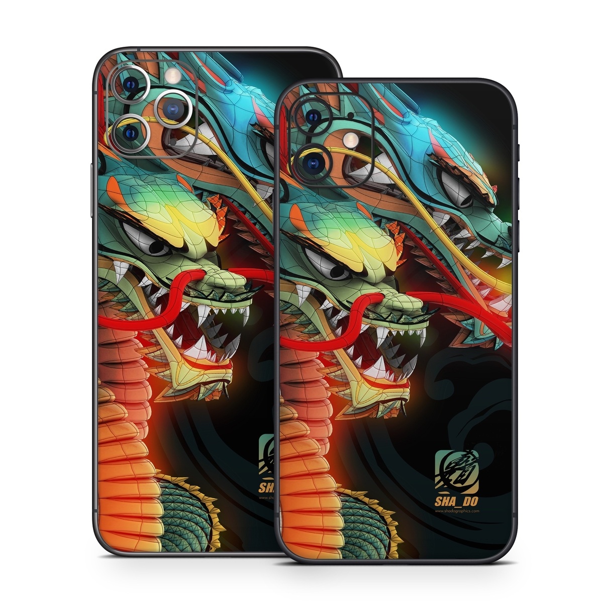iPhone 11 Series Skin design of Dragon, Fictional character, Illustration, Art, Cg artwork, Fiction, Mythical creature, Graphics, with black, green, red, yellow, orange colors