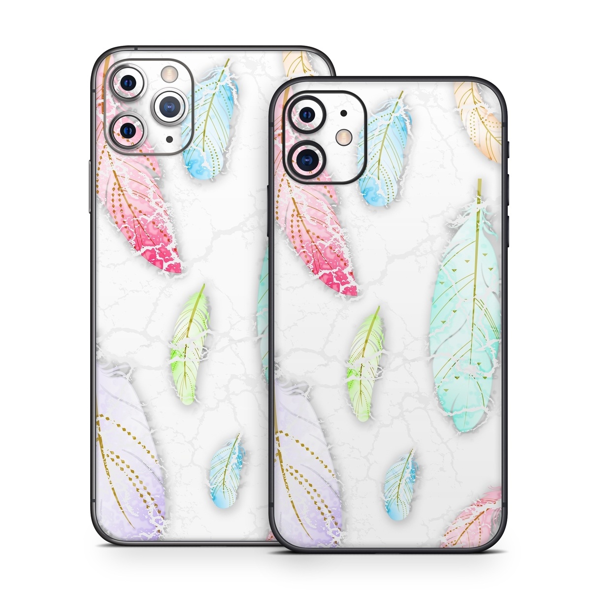 iPhone 11 Series Skin design of Feather, Fashion accessory, Jewellery, with red, blue, green, purple, white, brown colors