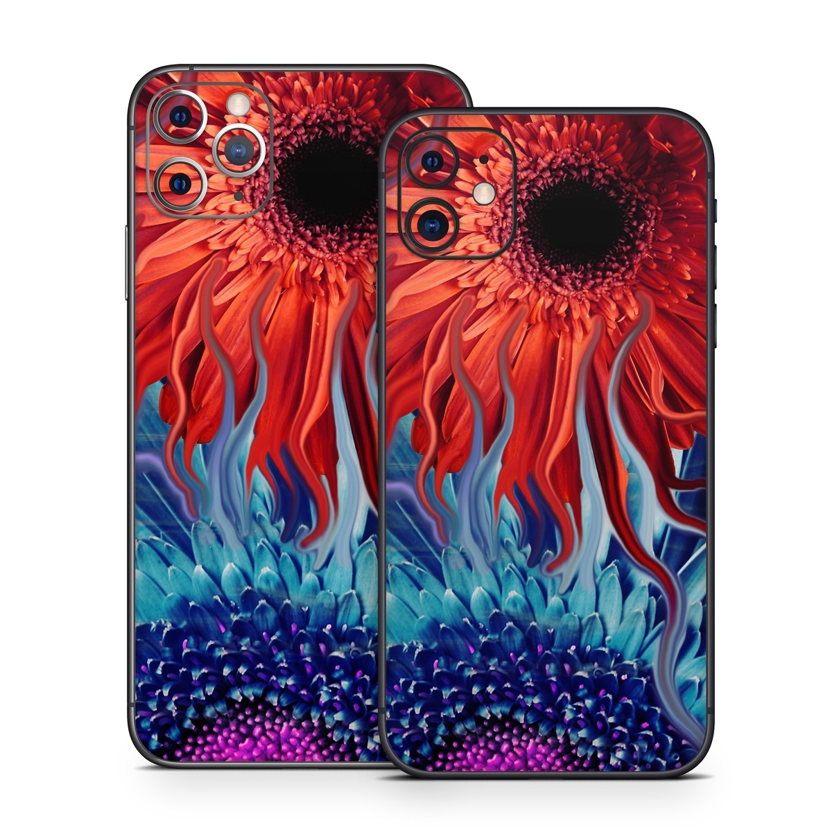 iPhone 11 Series Skin design of Psychedelic art, Pattern, Organism, Colorfulness, Art, Flower, Petal, Design, Fractal art, Electric blue, with red, black, blue, purple, gray colors