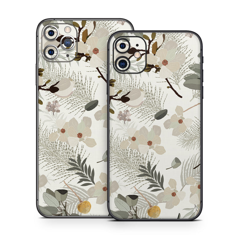 iPhone 11 Series Skin design of Branch, Botany, Twig, Plant, Textile, Organism, Art, Creative arts, Pattern, Tints and shades, with white, green, yellow, brown, gray colors