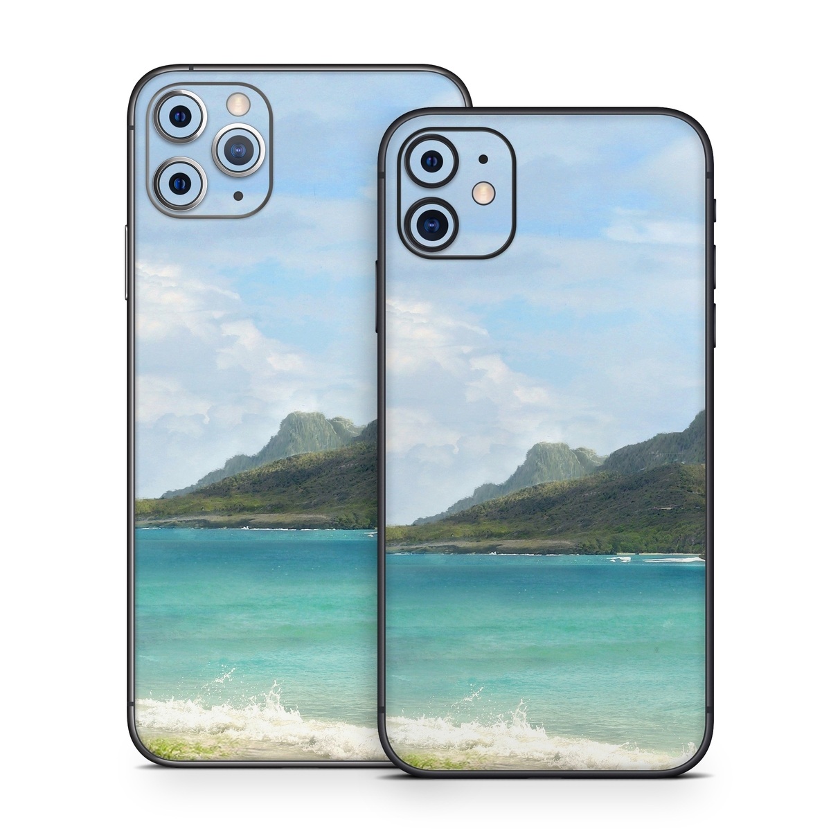 iPhone 11 Series Skin design of Body of water, Tropics, Nature, Natural landscape, Shore, Coast, Caribbean, Sea, Tree, Beach, with gray, black, blue, green colors