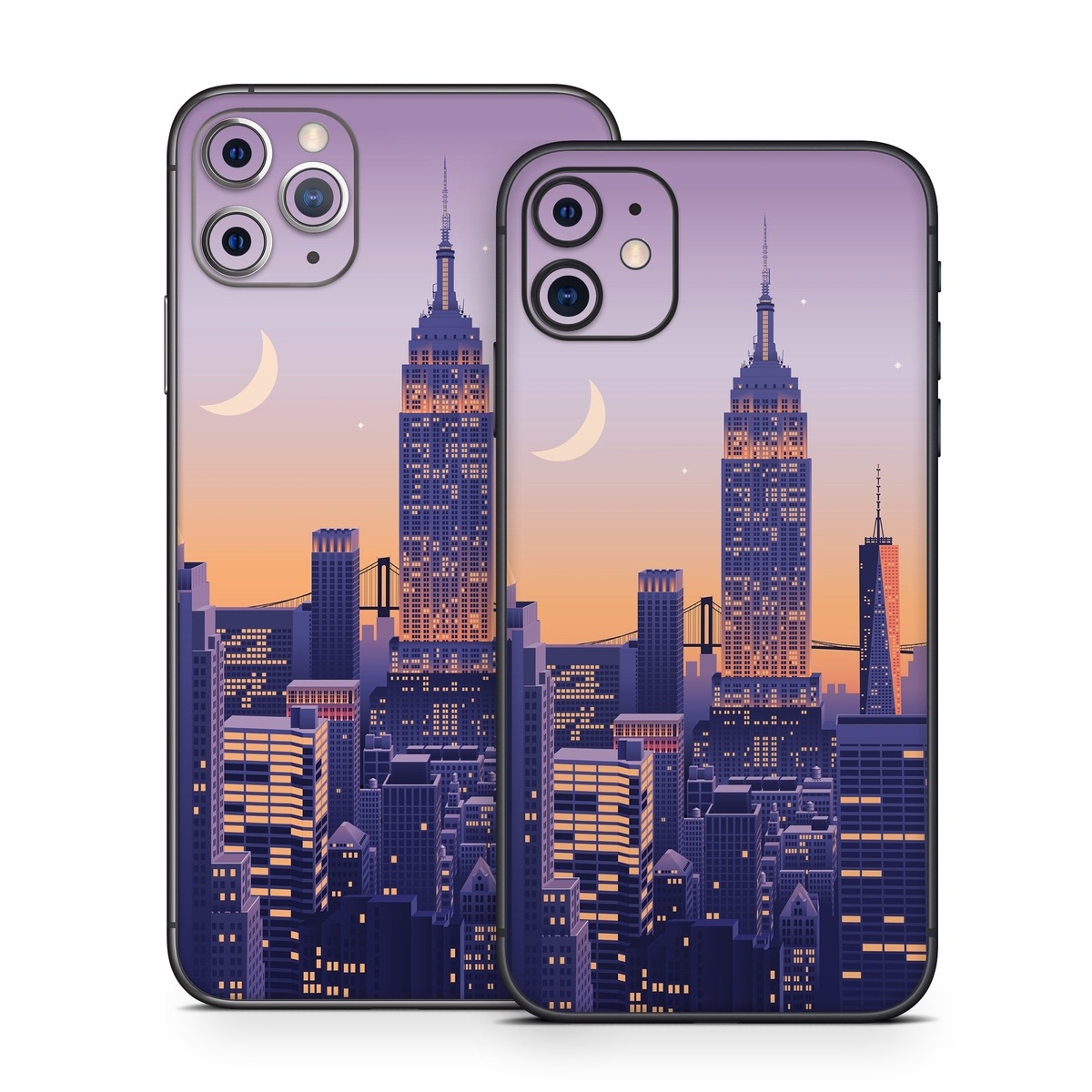iPhone 11 Series Skin design of Skyscraper, Building, Sky, Atmosphere, Moon, World, Nature, Tower, Afterglow, Dusk, with blue, purple, yellow, orange colors