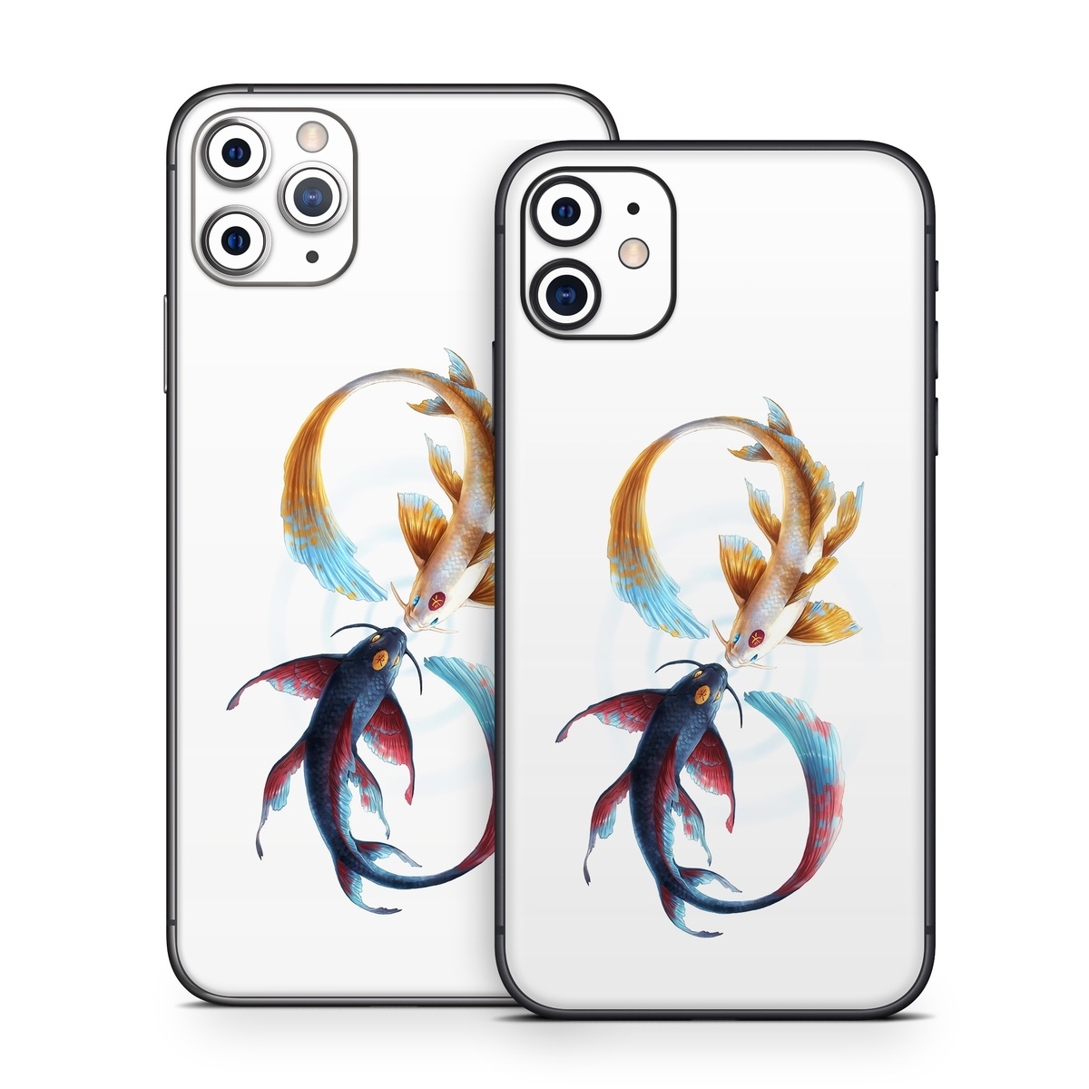 iPhone 11 Series Skin design of Marine invertebrates, Art, Wing, Feather, Tree, Beak, Electric blue, Fish, Natural material, Painting, with white, black, yellow, orange, red, blue colors