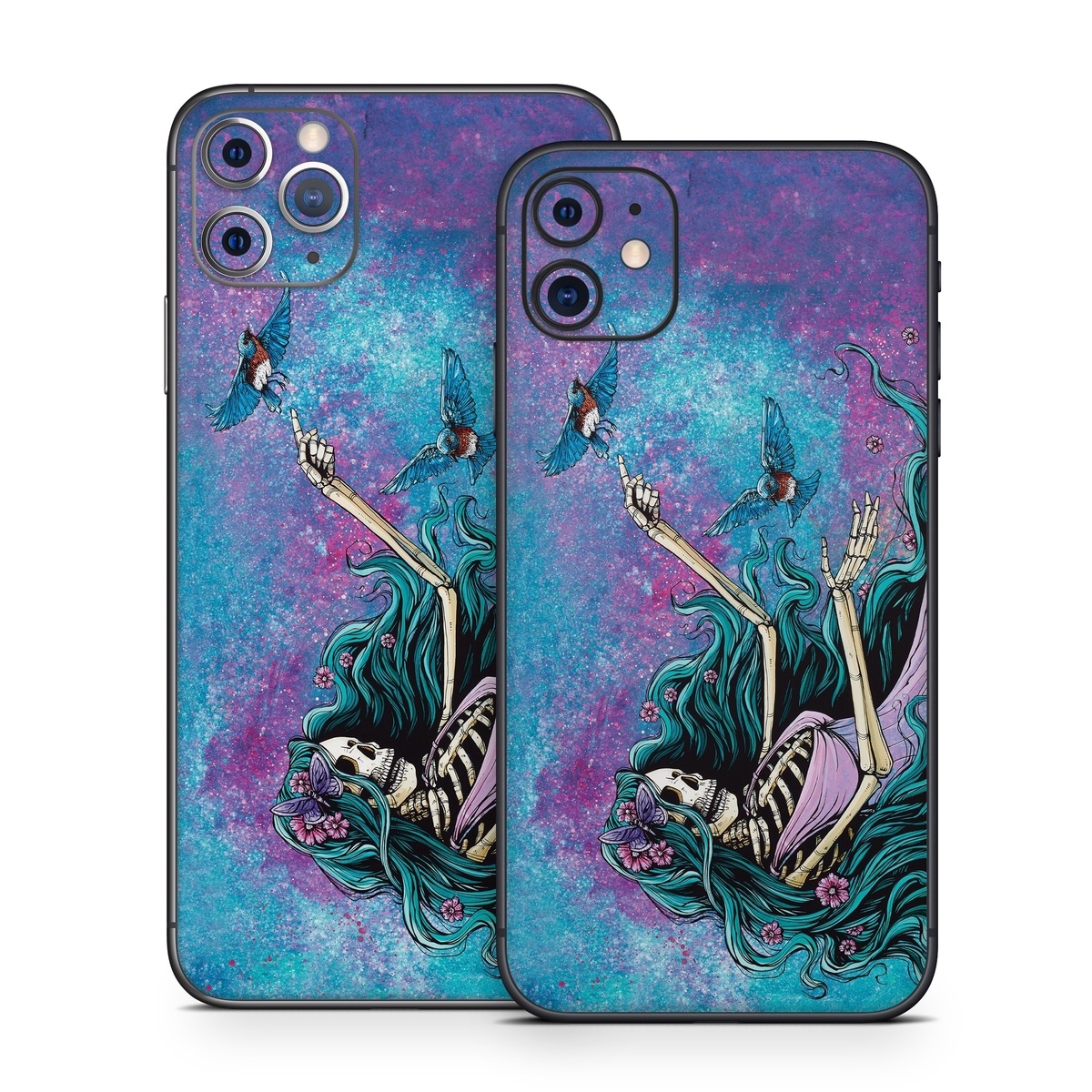 iPhone 11 Series Skin design of Green, Purple, Painting, Paint, Art, Cg artwork, Mythical creature, Musical instrument, Graffiti, Artist, with blue, purple, white, gray, brown colors
