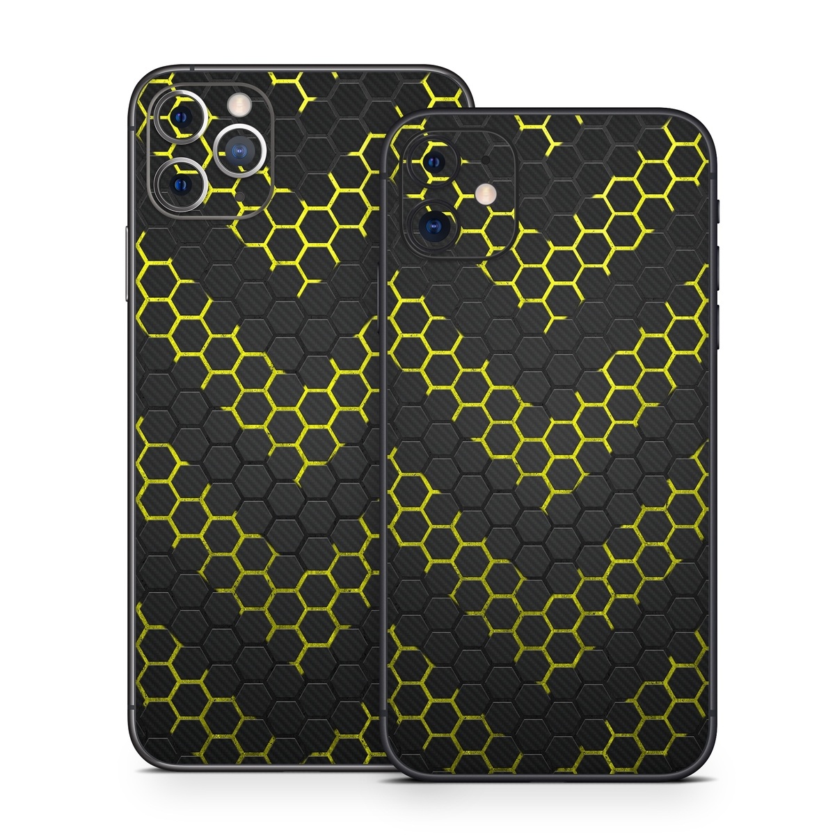 iPhone 11 Series Skin design of Black, Pattern, Yellow, Mesh, Net, Chain-link fencing, Design, Metal, with black, gray, yellow colors