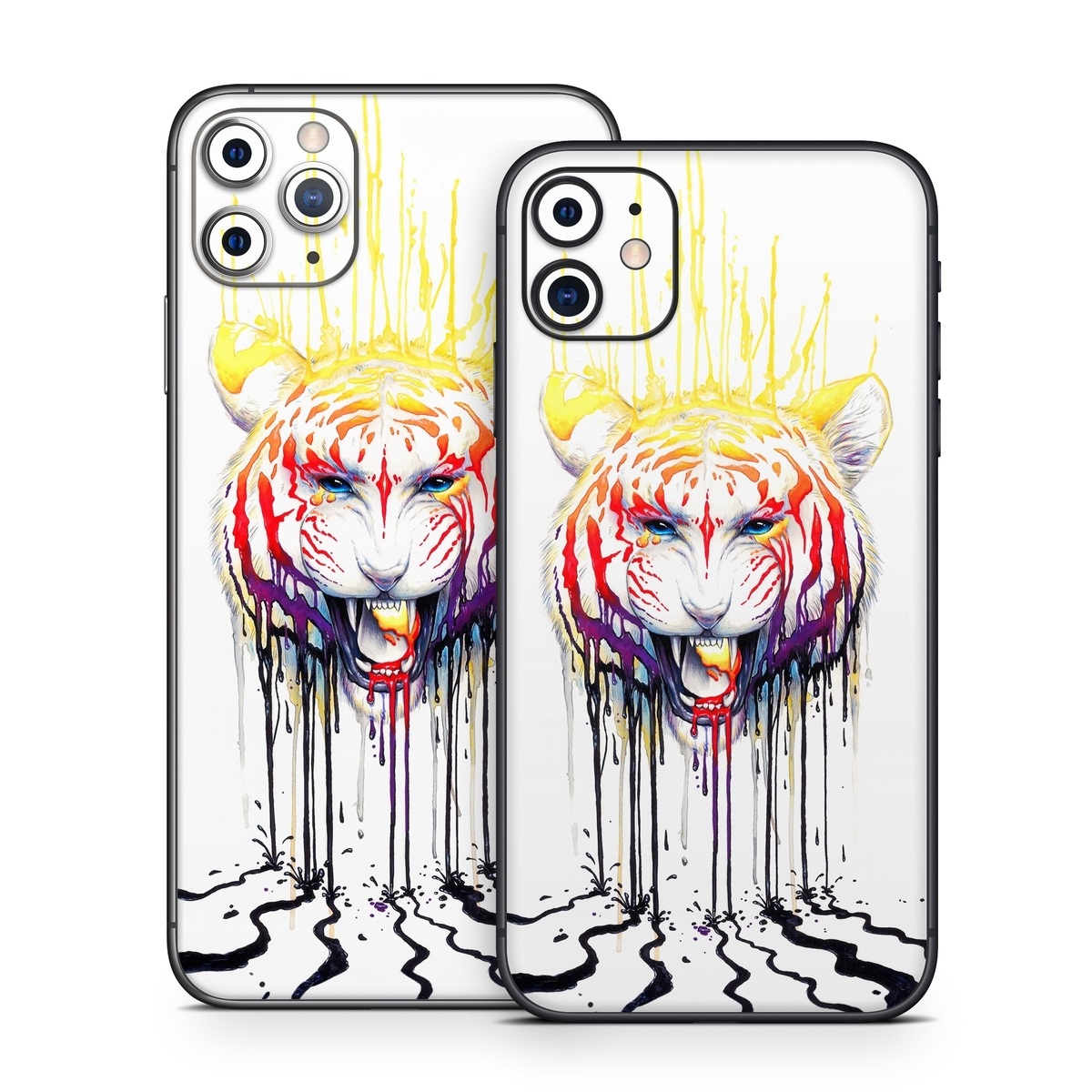 iPhone 11 Series Skin design of Jaw, Roar, Organism, Gesture, Art, Font, Felidae, Painting, Illustration, Drawing, with white, black, yellow, red, orange, purple colors