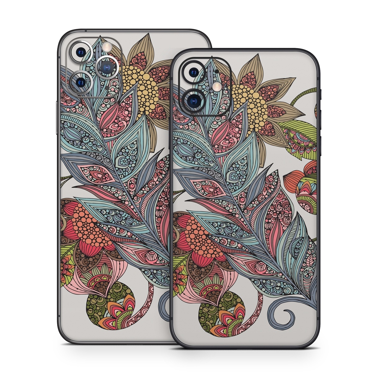 iPhone 11 Series Skin design of Botany, Plant, Leaf, Pattern, Flower, Illustration, Design, Motif, Protea family, Flowering plant, with green, blue, pink, red, yellow, orange, gray, brown colors