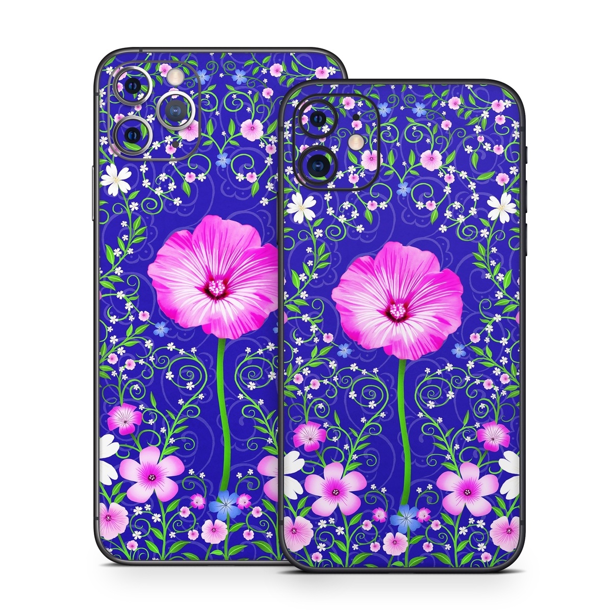 iPhone 11 Series Skin design of Purple, Violet, Flower, Plant, Wildflower, Pattern, Petal, Design, Graphics, Morning glory, with blue, purple, pink, green, white, yellow colors
