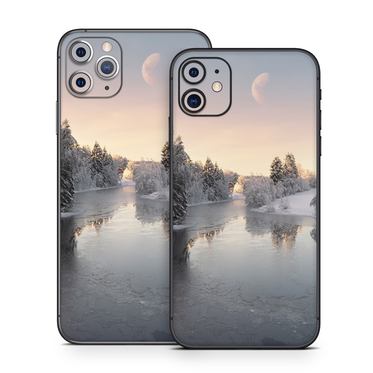 iPhone 11 Series Skin design of Water, Cloud, Sky, Atmosphere, Water resources, Tree, Natural landscape, Moon, Snow, Dusk, with blue, black, yellow, orange, white colors