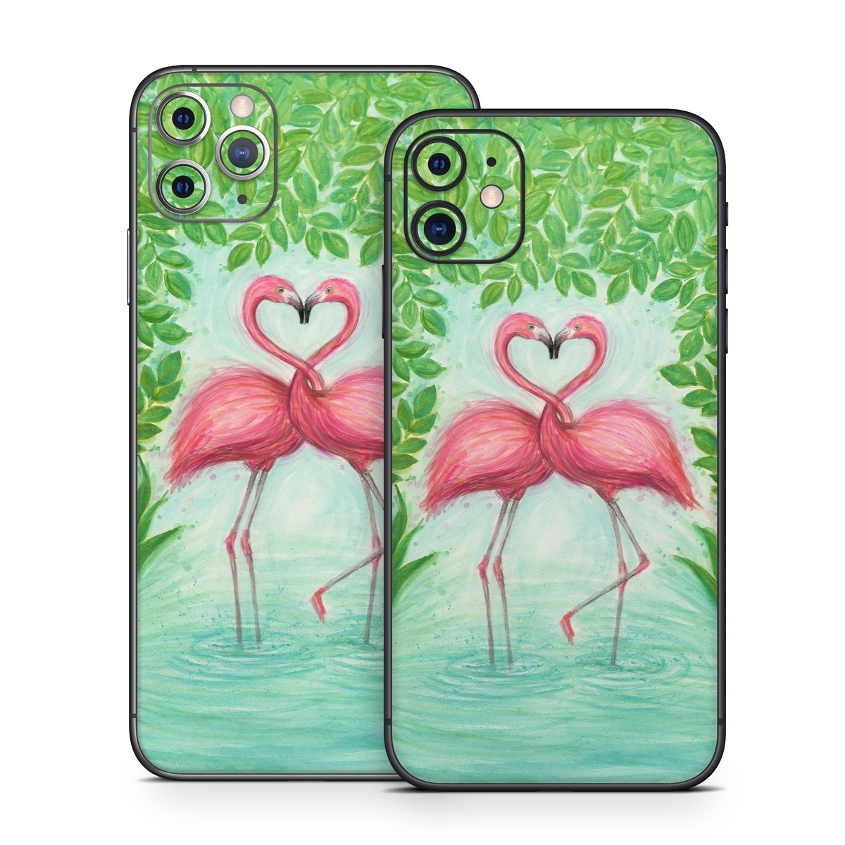 iPhone 11 Series Skin design of Flamingo, Greater flamingo, Bird, Water bird, Pink, Illustration, Watercolor paint, Organism, Drawing, Stork, with pink, blue, green colors
