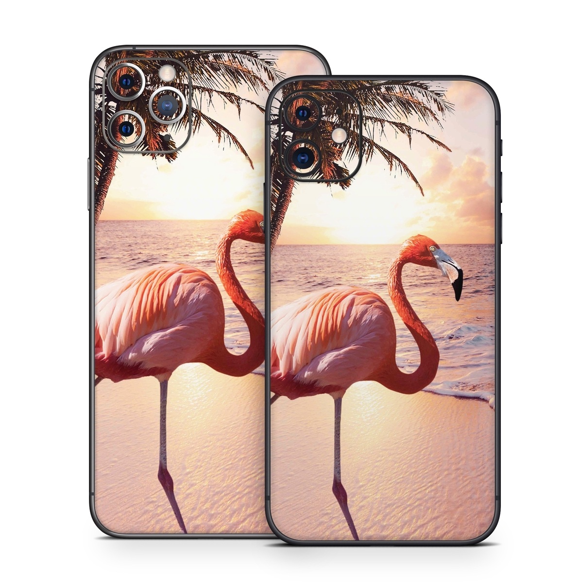 iPhone 11 Series Skin design of Flamingo, Greater flamingo, Bird, Water bird, Pink, Wildlife, Sky, Tree, Organism, Beak, with pink, blue, green, yellow, white, orange, black colors