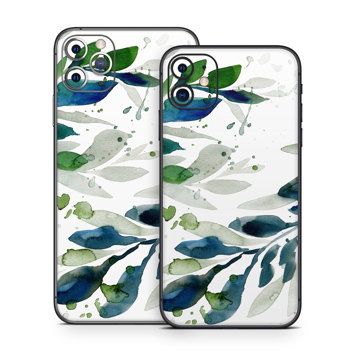 iPhone 11 Series Skin design of Leaf, Branch, Plant, Tree, Botany, Flower, Design, Eucalyptus, Pattern, Watercolor paint, with white, blue, green, gray colors