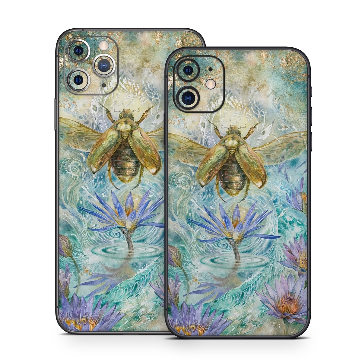 iPhone 11 Series Skin design of Painting, Fictional character, Art, Flower, Watercolor paint, Plant, Wildflower, Angel, Honeybee, Mythology, with blue, yellow, brown, purple, red, white colors