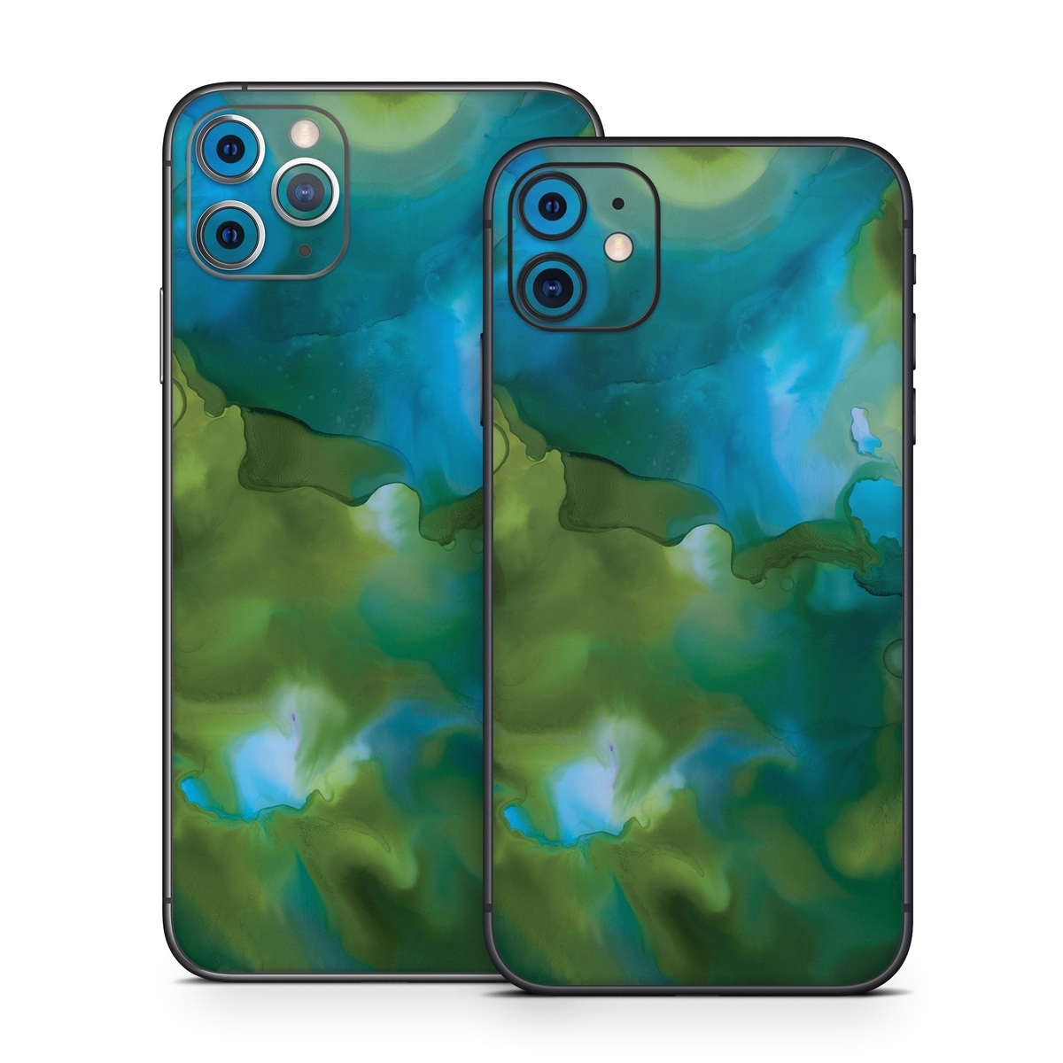 iPhone 11 Series Skin design of Aqua, Blue, Green, Painting, Turquoise, Teal, Water, Acrylic paint, Art, Organism, with blue, green colors